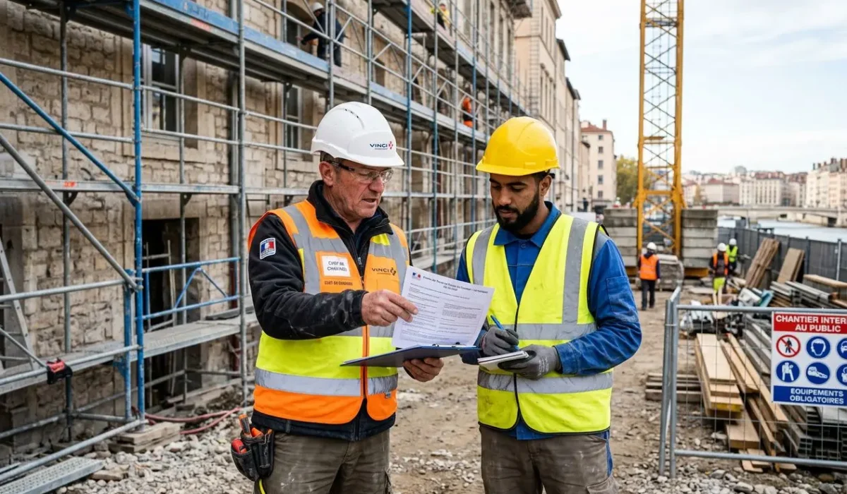 Deux ouvriers sur un chantier de bâtiment: l’un pointe un document avec l’autre, tous deux équipés de casques et gilets de sécurité, près d’une structure en construction. ouvrier étranger bâtiment légal.