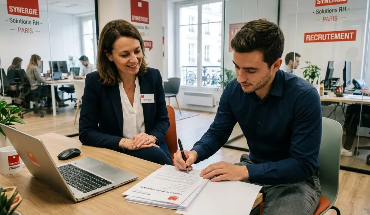 Deux professionnels en entretien d’embauche dans un bureau, signature d’un document sur la table, logo Synergie visible. contrat de mission temporaire visible à l’arrière.