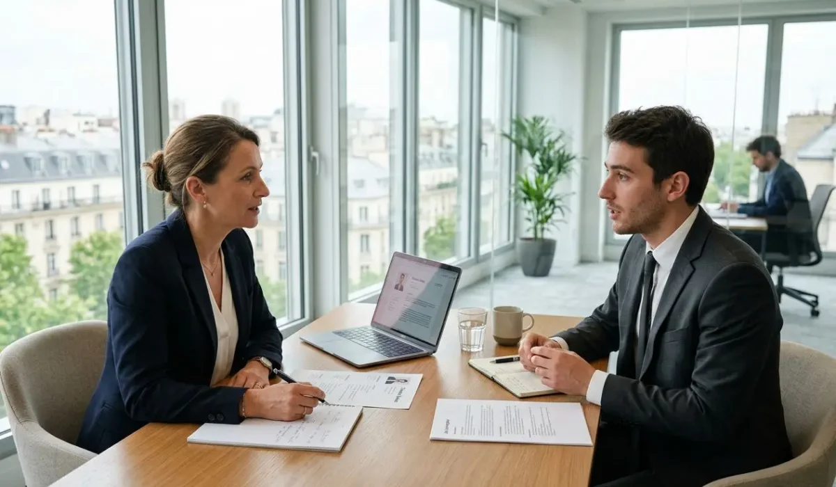 Deux professionnels en entretien dans une salle lumineuse, échange autour de documents et d’un ordinateur portable. Page de recrutement et sélection candidats intérim fiables.