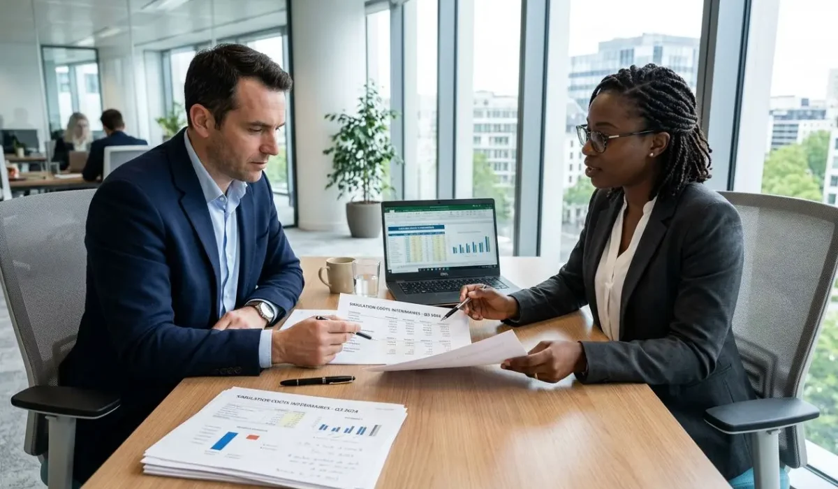 Deux professionnels en réunion d’affaires examinent des documents et graphiques sur une table, avec un ordinateur portable ouvert, dans un bureau lumineux. coùt d'un intérimaire au smic intégré naturellement dans la description.