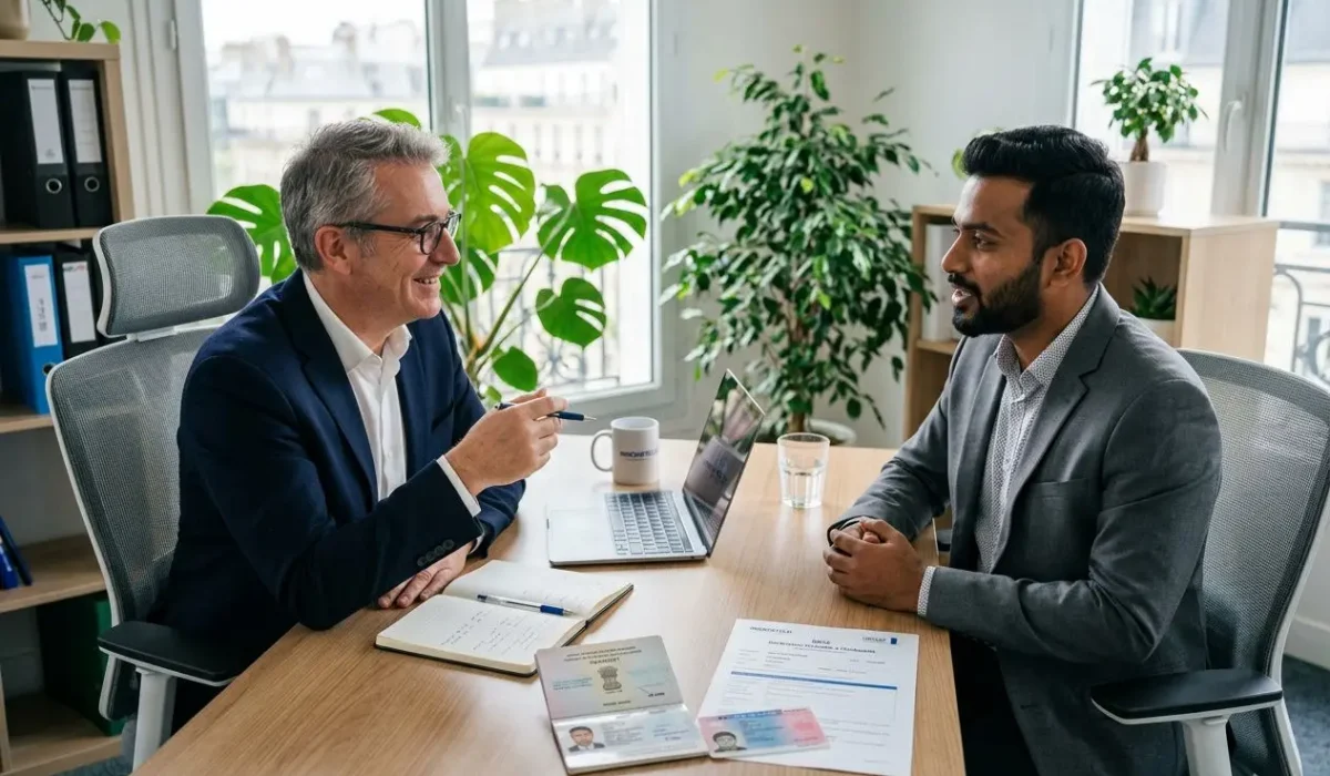 Deux professionnels en réunion d’embauche autour d’un table, avec documents, ordinateur et plantes en arrière-plan. Le sujet évoque le processus d’embauche d’un salarié étranger en France.