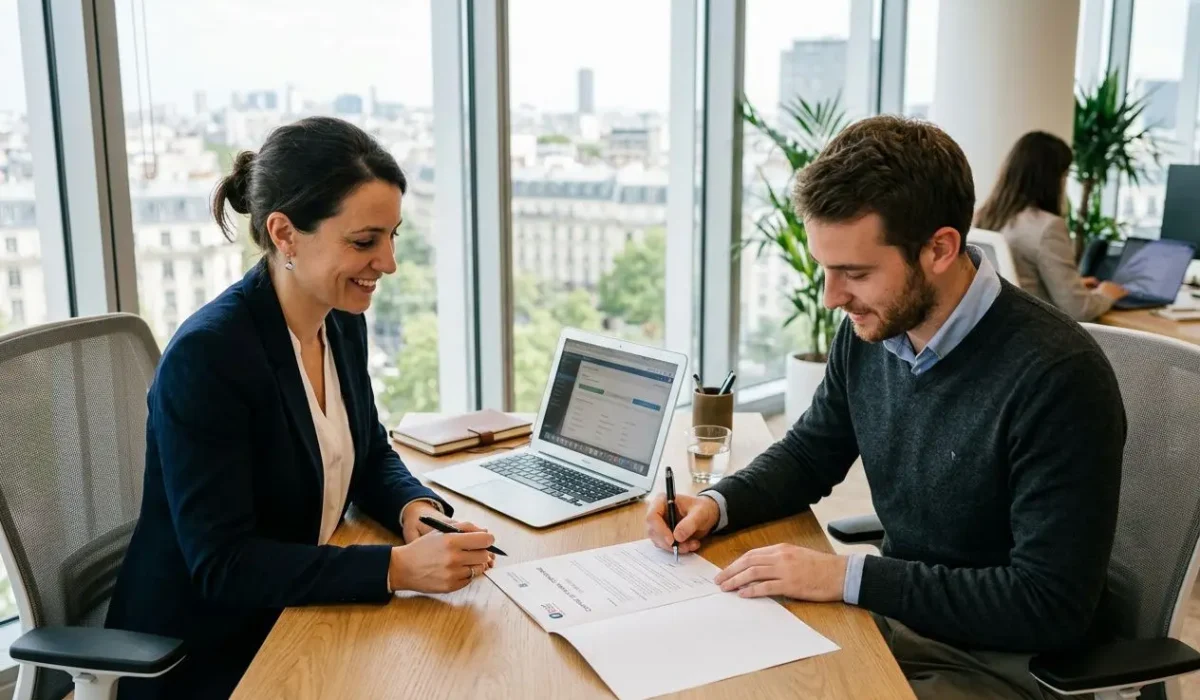 Deux professionnels signent un document de travail dans un bureau lumineux, avec un ordinateur portable sur la table. Alt text intégrant l’expression clé: organisation déplacement travailleurs temporaires.