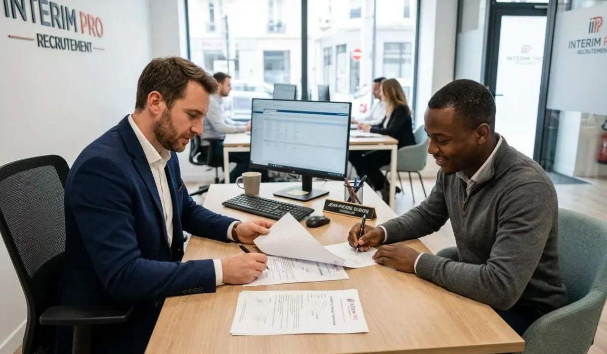 Deux professionnels signent des documents dans un bureau d’agence d’intérim, ambiance professionnelle et moderne. Inclut le cadre: “définition d'un travailleur temporaire” et le contexte juridique du contrat d’intérim.