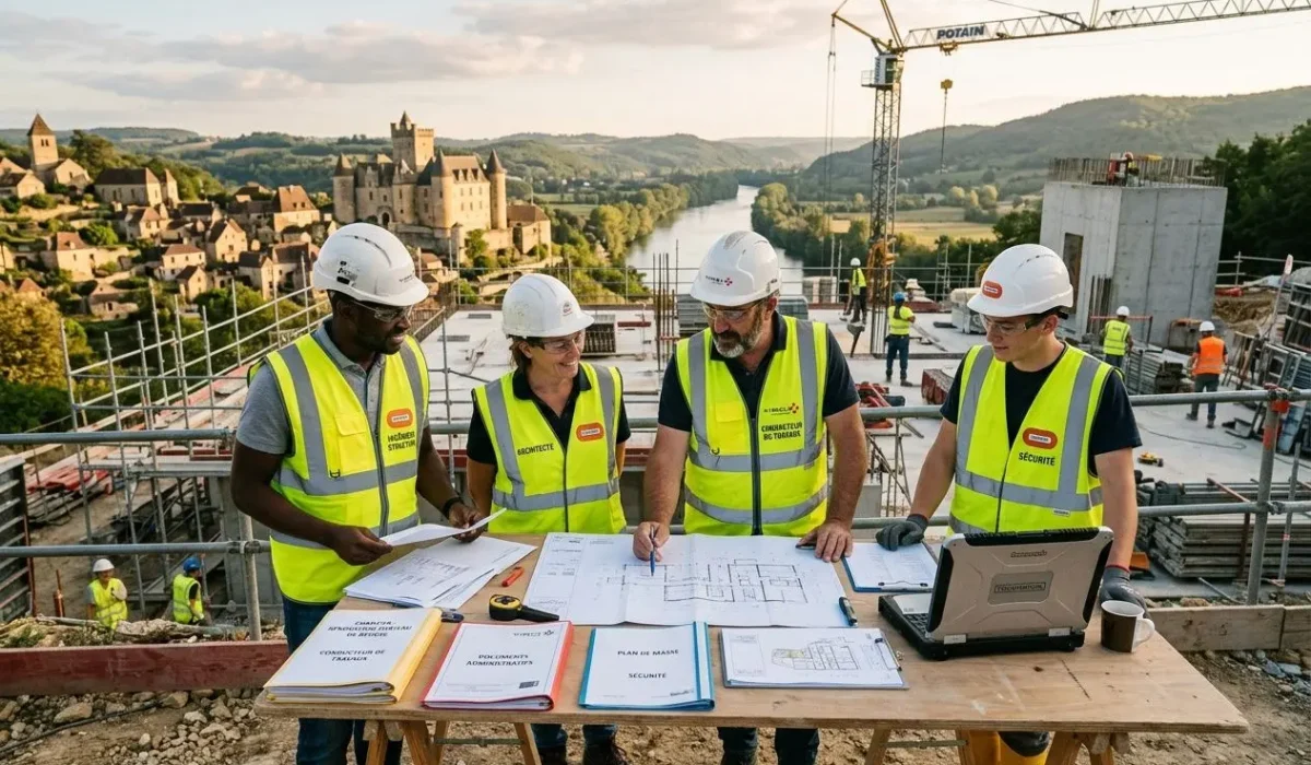 Equipe de chantier portant des gilets jaunes et casques, planifiant sur un établi avec des documents et un ordinateur, sur un site en construction avec vue sur un village et un crane. Salarié détaché en france cotisations sociales.