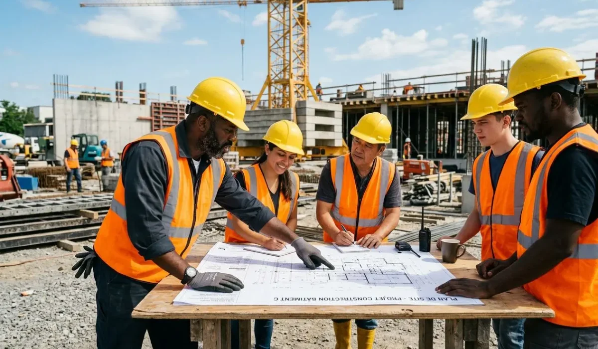 Groupe de travailleurs sur un chantier, plan sous une charpente, vestes et casques orange; l’un guide le plan avec l’équipe. agence intérim travailleur étranger.