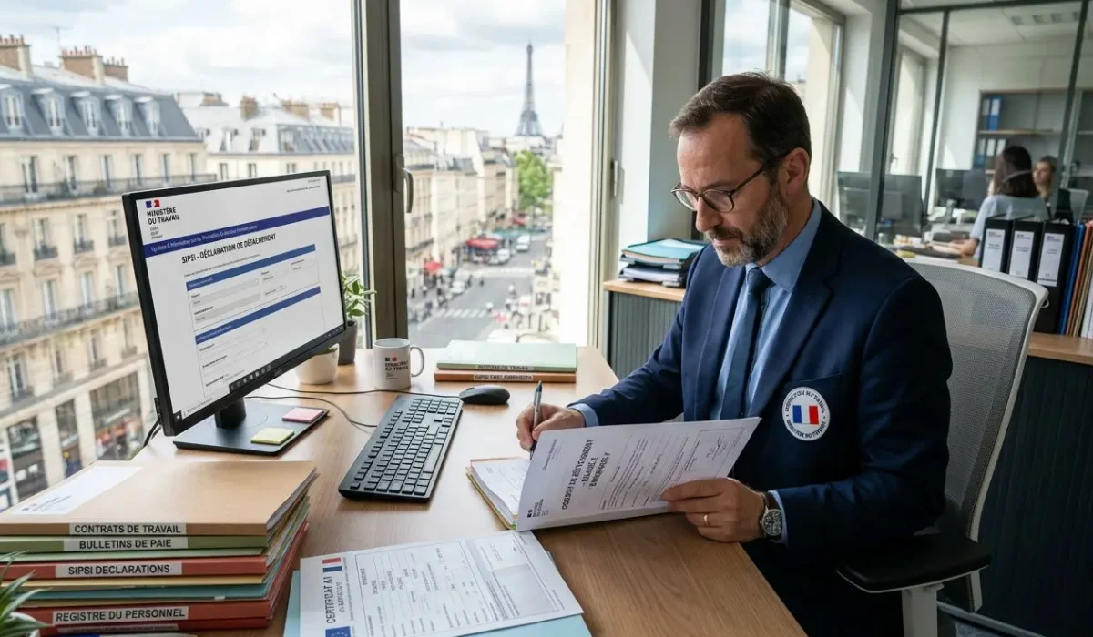 Homme en costume avec badge français, travaillant à son bureau et signant des documents, près d’un écran d’ordinateur et de piles de dossiers, dans un open space parisien. travailleur détaché en france réglementation