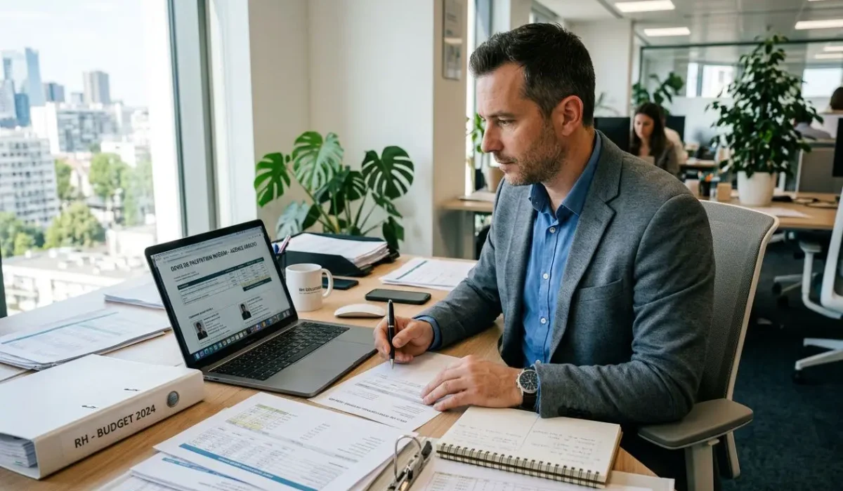 Homme d’affaires en blazer bleu travaillant à un bureau, informatique ouverte sur un écran, prend des notes sur des documents et cahiers; lumière naturelle, ambiance métier. côt d'un intérimaire pour une entreprise intégré naturellement.