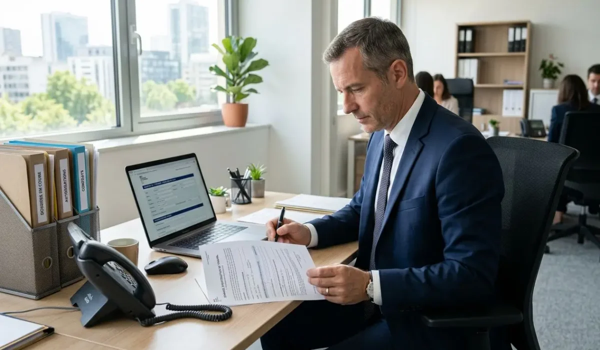 Homme d’affaires en costume signe des documents au bureau, téléphone sur le bureau et ordinateur portable ouvert, ambiance professionnelle. autorisation de travail en france pour les étrangers.