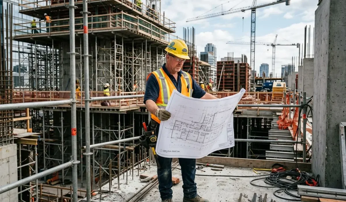 Ouvrier qualifié bâtiment examinant un plan sur un chantier de construction avec scaffolding et grues en arrière-plan. salaire d'un ouvrier qualifié bâtiment intégré.