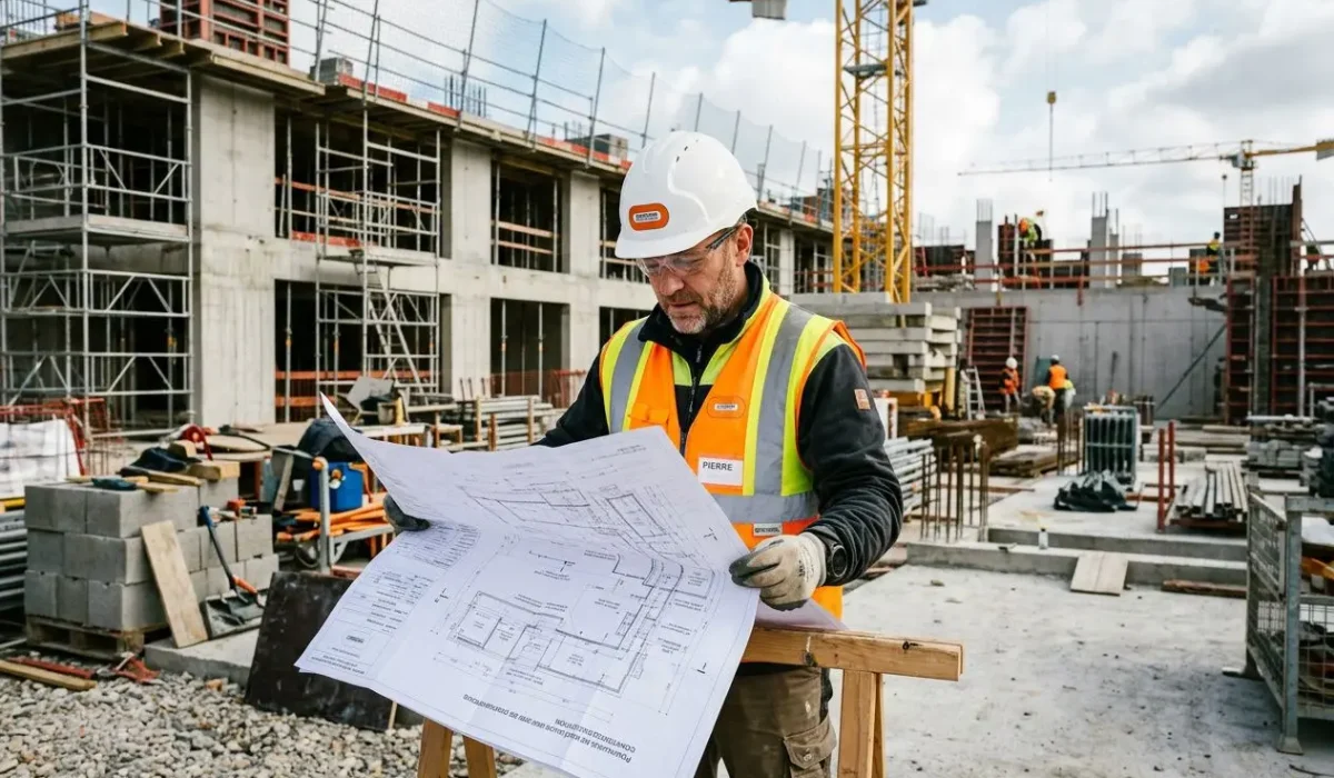 Ouvrier qualifié du bâtiment examinant des plans sur un chantier de construction, avec gilet et casque de sécurité.