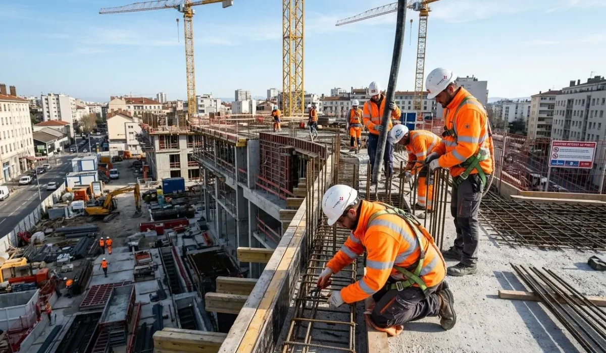 Ouvriers en orange réfléchissant sur un chantier de construction avec grattes-ciel et grues en arrière-plan, travail en hauteur, cadre BTP. intérim grand déplacement btp