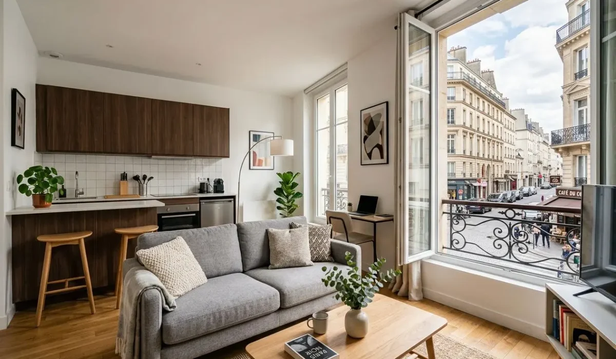 Salon lumineux dans un logement temporaire meublé avec canapé gris, table basse et cuisine ouverte, vue sur rue parisienne.